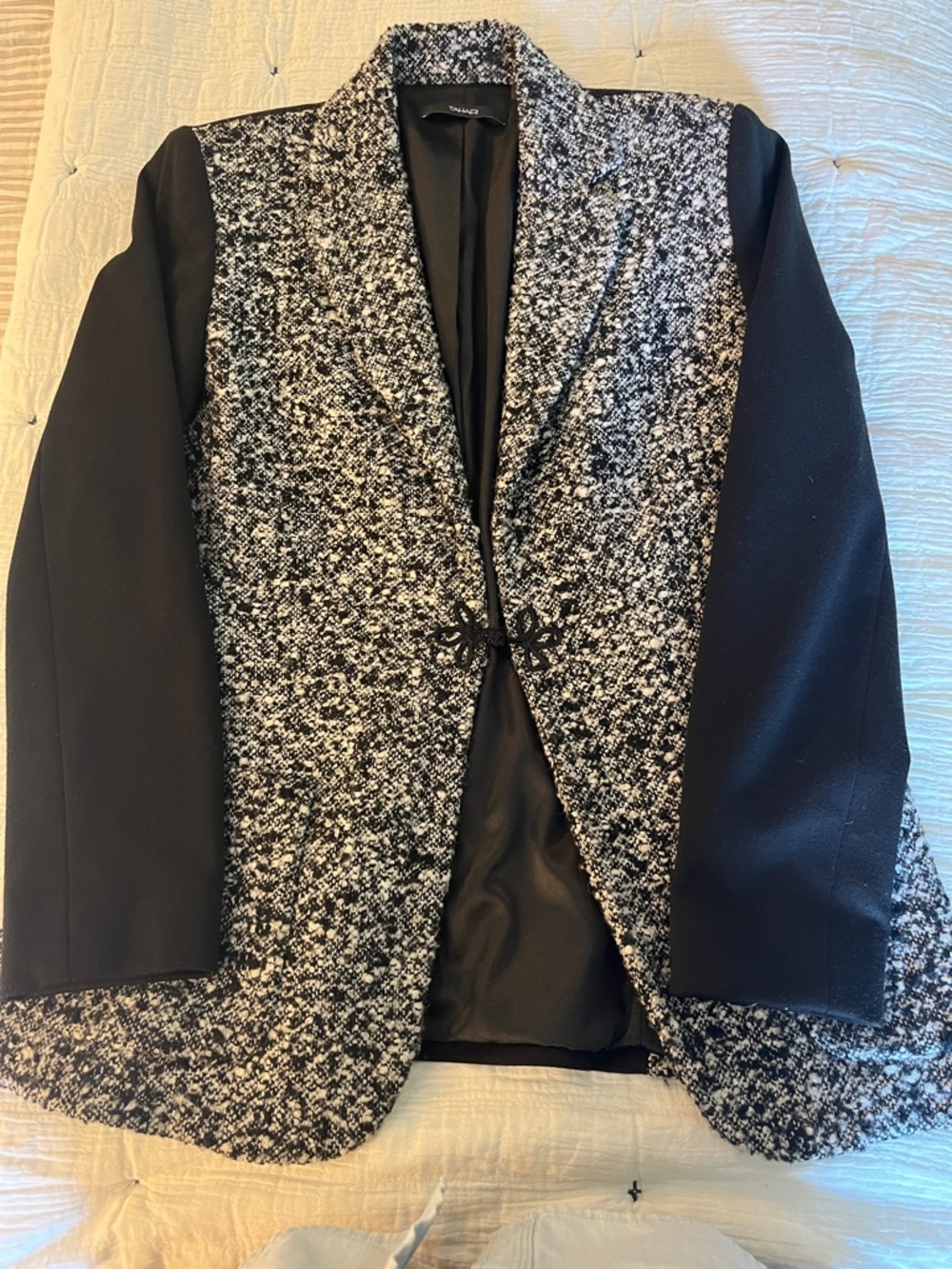 Tahari Black and White Tweed-Front Blazer with Black Sleeves, Chic Frog Closure